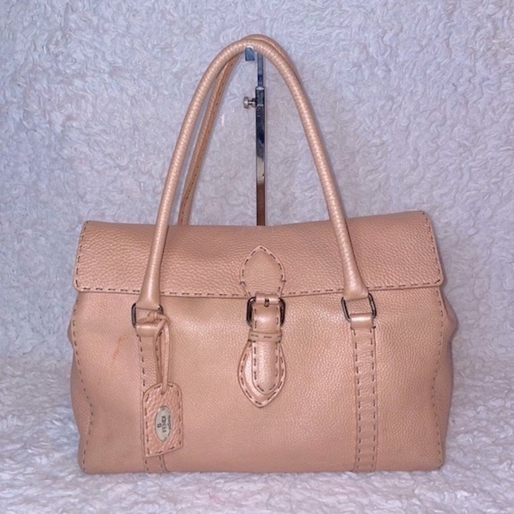 Fendi Selleria Linda Large Pink Leather Flap 925 Silver Tote Shoulder Bag Purse
